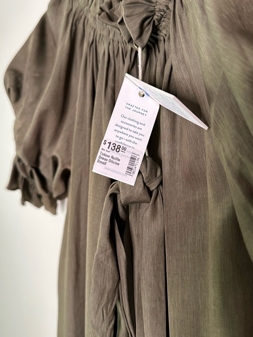 NWT Mersea Tulum Ruffle popover dress in olive green size Small. Fabric belt. - Picture 6 of 6